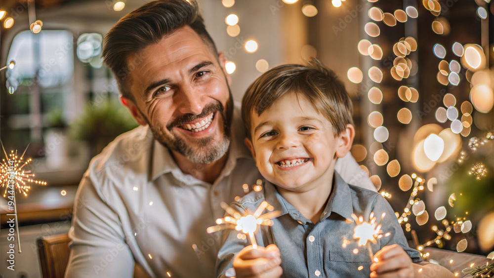 Wall mural Portrait of a smiling father and son holding sparklers at home