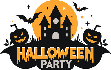 Halloween party design featuring a haunted house, bats, and pumpkins representing a spooky celebration theme