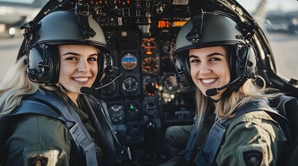 Two female pilots operating a helicopter during a night flight with illuminated instruments