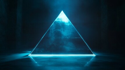 A glowing pyramid shines brightly in a darkened space, creating an ethereal atmosphere