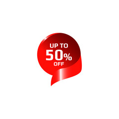 Up to 50% off label tag sticker vector. Sale discount offer 50% off badge for advertisement in 3d red color square shape isolated on white 