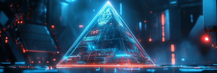 Obraz premium A futuristic glowing pyramid structure in a high-tech digital environment at night