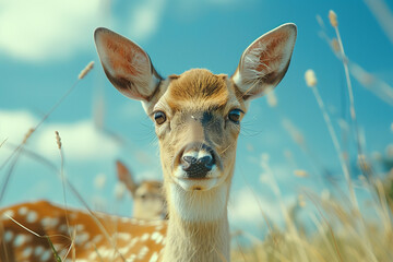 Obraz premium Portrait of a young deer with large ears in a field against a blue sky background