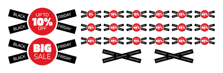 Set of discount labels for Black Friday. Discounts go up to 90%. Red circle with the discount, behind it two black stripes with the word Black Friday written on it. Label with the word Big Sale.