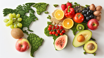 World map made of colorful fruits and berries on white background. Food export and import market and world cuisine concepts