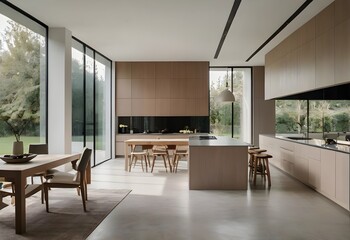 Fototapeta premium A modern minimalist interior with clean lines, sleek furniture, and a neutral palette. The open-concept living area seamlessly connects to a spacious kitchen, all bathed in natural light.