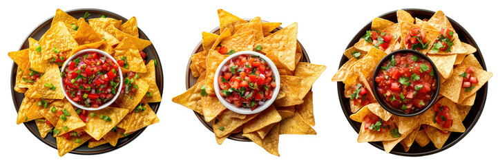 Top view of nachos chips and salsa isolated on transparent background,