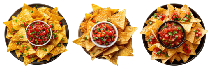 Top view of nachos chips and salsa isolated on transparent background,
