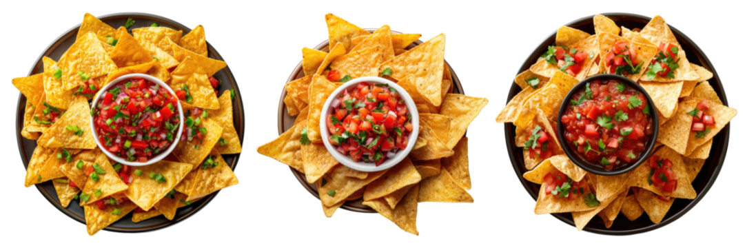 Top view of nachos chips and salsa isolated on transparent background,