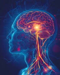 Colorful 3D rendering of the human brain and nervous system, highlighting neural connections and pathways, symbolizing intelligence and medical science.