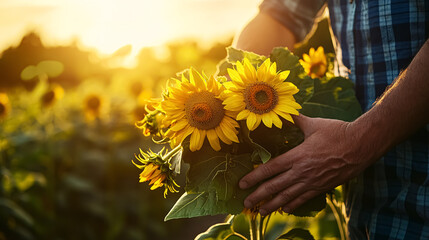 Close-up of man's hands holding sunflowers in field