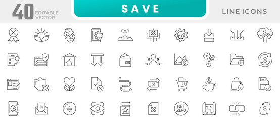 Save line icon collection. Saving, download, protect, business, eco, bank, documents, data, and insurance icon set. UI outline icon pack