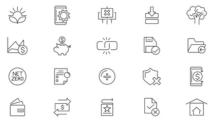 Save line icon collection. Saving, download, protect, business, eco, bank, documents, data, and insurance icon set. UI outline icon pack