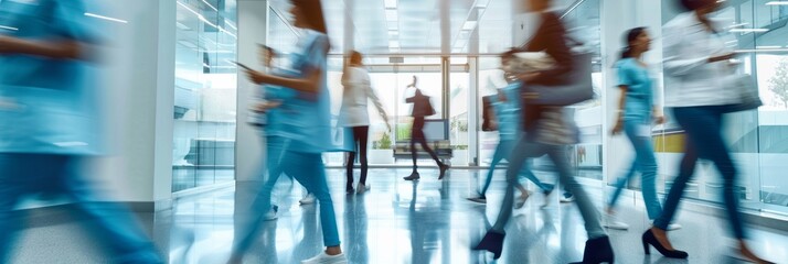 Healthcare professionals rushing through hospital corridor, blurred motion