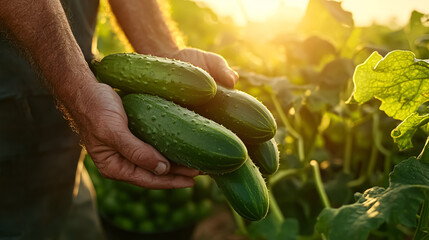 Farmer holding fresh organic cucumbers in his hands at sunset.