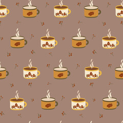 Vector teacups or coffeecups and berries seamless pattern