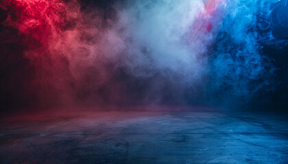 Empty space of Studio dark room with fog or mist and lighting effect red and blue on concrete floor grunge texture background