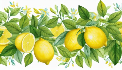 Lemon seamless border fruit illustration, cute citrus watercolor jpeg repeat digital file on a white background