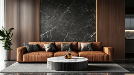 Interior Living Room Wall Mockup, Brown sofa with marble top coffee table in center, Marble and wooden wall. 3D Rendering 