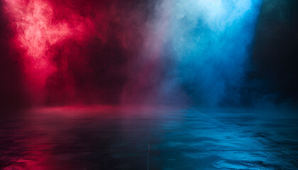 Empty space of Studio dark room with fog or mist and lighting effect red and blue on concrete floor grunge texture background
