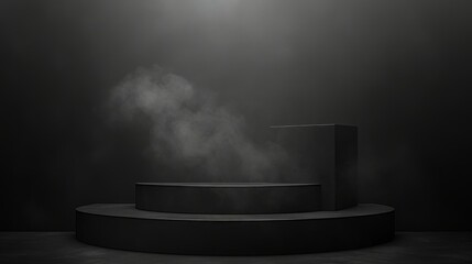 Podium with Black Dark Smoke Background, Product Platform with Abstract Stage Texture, Fog and Spotlight, Dramatic Empty Night Room with Concrete Wall, Smoky Dust
