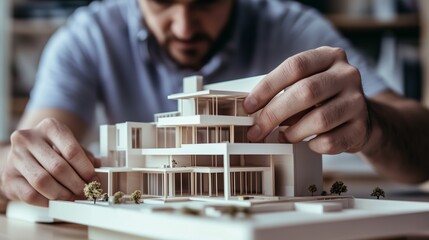 Architect working on a detailed model of a contemporary building design in a studio setting during daylight hours