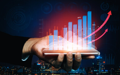 Double Exposure Image of Business and Finance - Businessman with report chart up forward to financial profit growth of stock market investment. uds