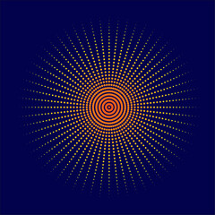 Circle explosion gradient halftone dots. Burst orange halfton circleson purple background
