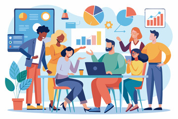 A diverse group of professionals is gathered around a table engaged in a discussion, with various charts and graphics on the wall, setting a collaborative business environment
