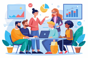 A diverse group of professionals is gathered around a table engaged in a discussion, with various charts and graphics on the wall, setting a collaborative business environment
