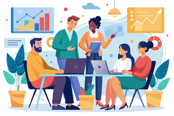 A diverse group of professionals is gathered around a table engaged in a discussion, with various charts and graphics on the wall, setting a collaborative business environment
