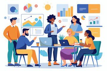 A diverse group of professionals is gathered around a table engaged in a discussion, with various charts and graphics on the wall, setting a collaborative business environment
