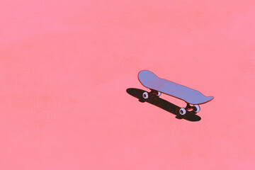 A minimalist illustration featuring a skateboard against a vibrant pink background, perfect for sports and lifestyle themes.