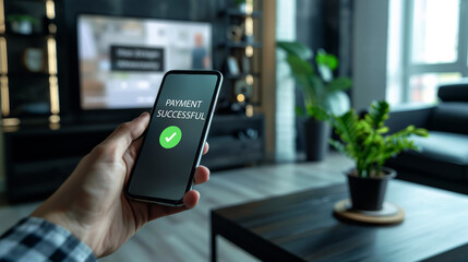 Close-up of hands holding a mobile phone with the digital sign successful payment ,internet shopping, purchase invoice