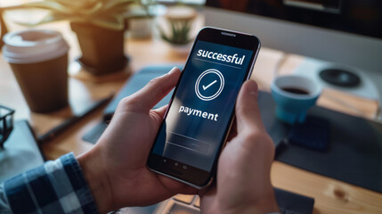 Close-up of hands holding a mobile phone with the digital sign successful payment 