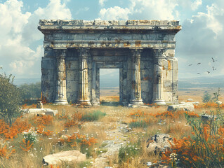 Ancient, weathered stone gateway in a sunlit, open field with wildflowers, surrounded by a landscape of soft rolling hills and a wide, captivating sky
