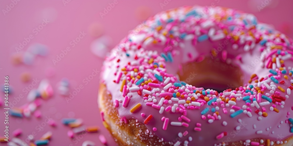 Wall mural Macro shot of a pink doughnut topped with colorful sprinkles