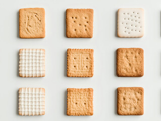  Variety of Square Crackers in Organized Grid Pattern on Light Background