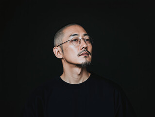 Fototapeta premium Pensive Man with Glasses in Minimalist Dark Portrait, Expressing Deep Thought