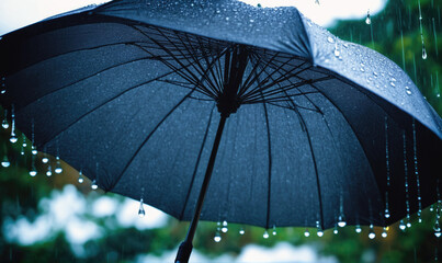 A black umbrella shields someone from the rain, water droplets dripping from its surface