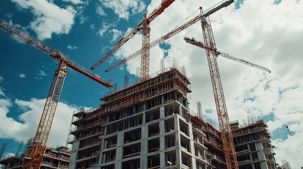 Fototapeta premium A construction site with multiple cranes lifting materials to different levels of a building under construction