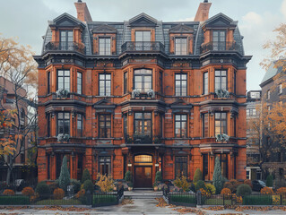 Obraz premium Historical Red Brick Mansion, Victorian Style, Earthy Tones, Fall Foliage Background, Nostalgic and Elegant Mood of Old Urban Charm