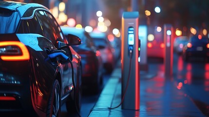 A car charging station located in a busy commercial area, providing convenience for electric vehicle owners.