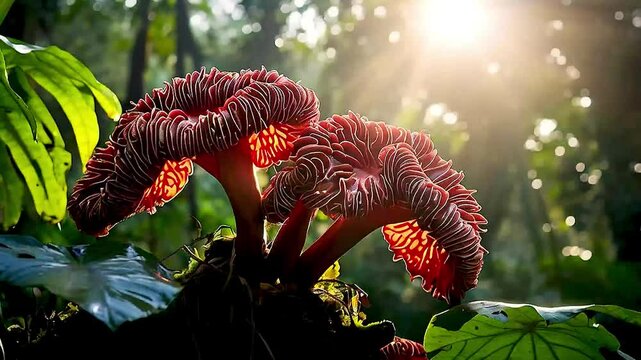 a red mushroom  and  green leaves  in the background