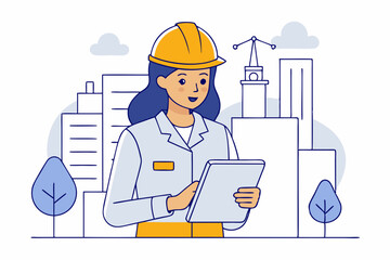 A minimalist line art illustration of a woman construction worker wearing a helmet and looking at a tablet, showcasing modern technology in construction
