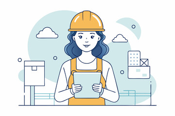 A minimalist line art illustration of a woman construction worker wearing a helmet and looking at a tablet, showcasing modern technology in construction
