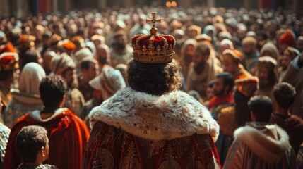 Regal king on his throne surrounded by loyal subjects in medieval hall