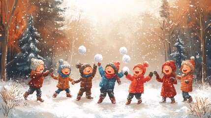 Kids having a snowball fight in a snowy forest, laughter and playful expressions on their faces, with tall pine trees around