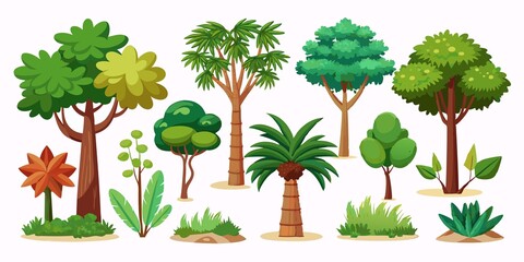 set of cartoon trees and plants from different regions, transparent white background