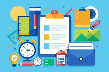 A colorful illustration depicts various office supplies scattered around a blank clipboard, including notebooks, pencils, and a clock, representing preparation and organization
